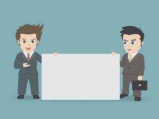 Two businessman holding a big banner space for your text.