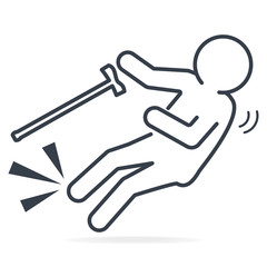 Elderly with stick and slip injury icon lines style. People injury symbol