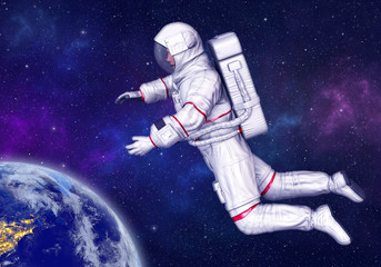 Obraz na płótnie Canvas Astronaut floating and exploring in deep space above Planet Earth. Elements of this image furnished by NASA. 3D rendering.