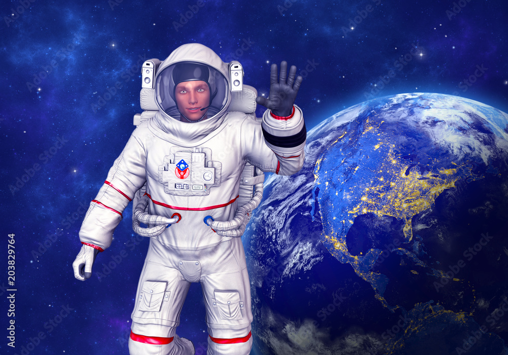 Wall mural astronaut waving, planet earth in background. elements of this image furnished by nasa. 3d rendering