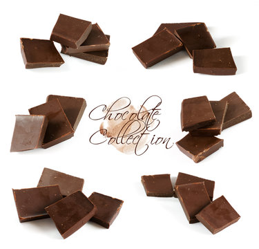 A collection of broken dark chocolate isolated on white background. A set of chocolate bar slices