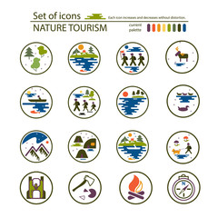 Set of linear icons. Walking and street, nature, mountains, forest. Hiking, tourist and a group of tourists. Base camp and accessories. A set of icons for camping. Natural tourism