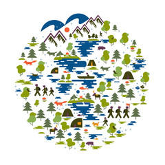 Icons of tourism in nature, the family goes on a hike, ecotourism, a fisherman in a boat, nature types: mountains, forest, meadow, field, sea, lake. Group of tourists traveling. Adventures and camping