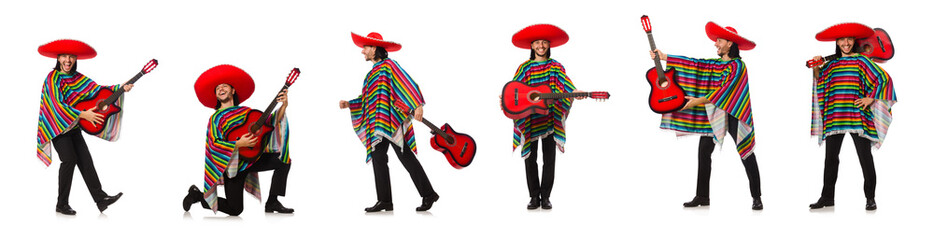 Mexican in vivid poncho holding guitar isolated on white