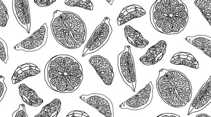 Graphic vector seamless black-and-white pattern with citrus slice