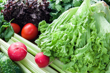 a large assortment of greens, Peking cabbage, lettuce, red vegetables scattered on the table