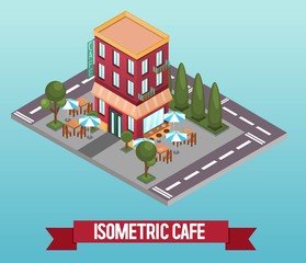 Vector low poly isometric 3d restaurant or cafe. Vector isometric icon or infographic element representing a building with terrace and umbrella. Detailed street with rest area and trees. 