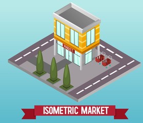 Vector low poly isometric shop or supermarket. Vector isometric icon or infographic element representing a store building with trolley. Detailed street with trees and grocery store. Vector