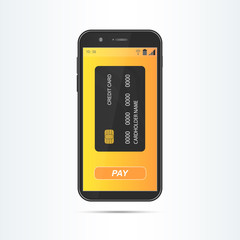 Black smartphone with a credit card and button "pay" on a touche screen. Modern contactless payment concept.