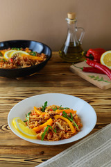 Spanish paella on a white plate