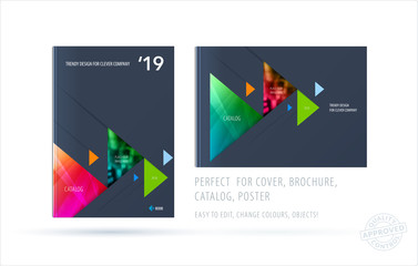 Brochure design triangular template. Colourful modern abstract set, annual report with triangles for branding.