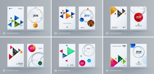 Brochure design triangular template. Colourful modern abstract set, annual report with triangles for branding.