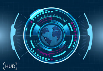 Computer management. The image of the earth. Virtual graphic interface, electronic lens, HUD elements. illustration