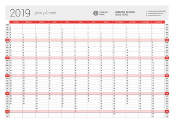 Yearly Wall Calendar Planner Template for 2019 Year. Vector Design Print Template. Week Starts Monday