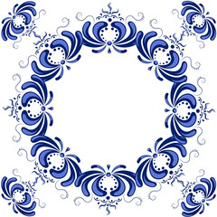 Template for postcard. Blue floral textile pattern in Russian style Gzhel