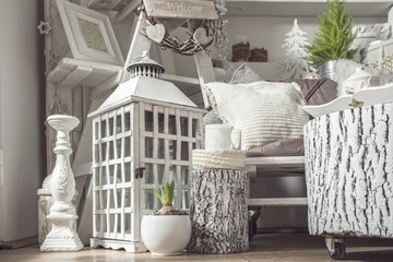 Interior decoration in white shabby look