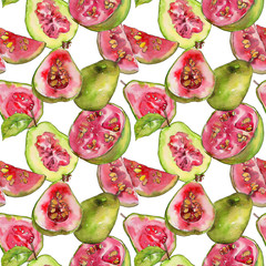 Exotic  guava  healthy food in a watercolor style pattern. Full name of the fruit:  guava . Aquarelle wild fruit for background, texture, wrapper pattern or menu.