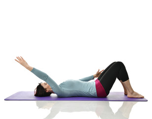 Mother woman exercising doing postnatal workout. Female fitness instructor stretching hands and...
