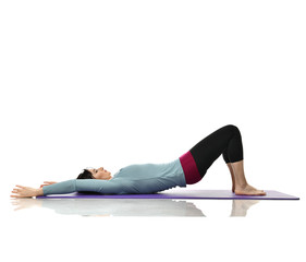 Mother woman exercising doing postnatal workout. Female fitness instructor stretching hands and...