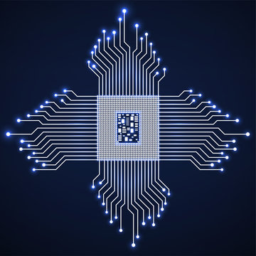 Cpu. Microprocessor. Microchip. Neon technology symbol. Vector