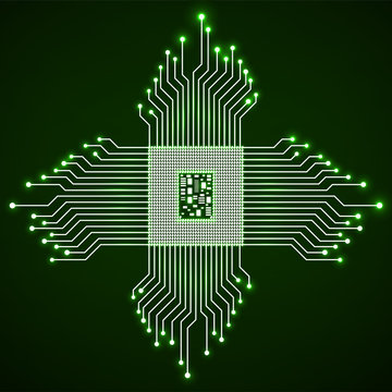 Cpu. Microprocessor. Microchip. Neon technology symbol. Vector