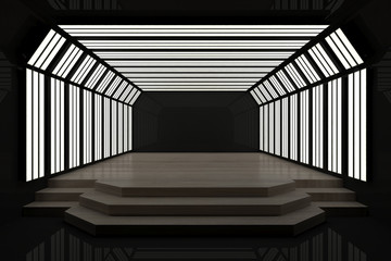 Contemporary dark interior with podium