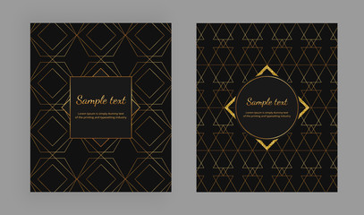 Luxury elegant cover designs with geometric and gold lines on the black background. Trendy vector illustration. Template for packaging, banner, card, flyer, invitation, party, print advertising