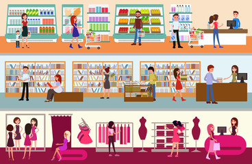 People buy at the mall. Interior of a supermarket. Vector. A set of illustrations of a clothing store, goods, books in a flat style