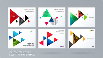 Triangular design presentation template with colourful triangles shadows. Abstract vector set of modern horizontal banners