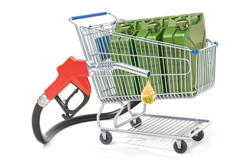 Shopping cart with fuel pump nozzle and jerrycan, 3D rendering