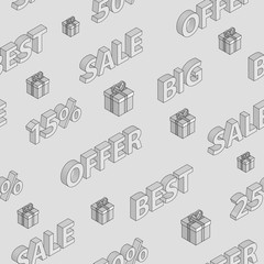 Seamless pattern on sales and discounts with isometric inscriptions and gift boxes, in gray colors