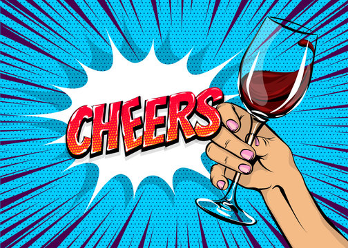 Fototapeta Old vintage poster woman pop art hold red wine glass. Girl hand with beverage. Retro design sound speech bubble. Holiday party wow event. Festive vector radial halftone background.