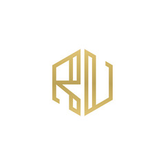 Initial letter RU, minimalist line art hexagon shape logo, gold color