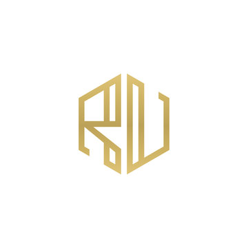 recommend clip art: Initial letter RU, minimalist line art hexagon shape logo, gold color