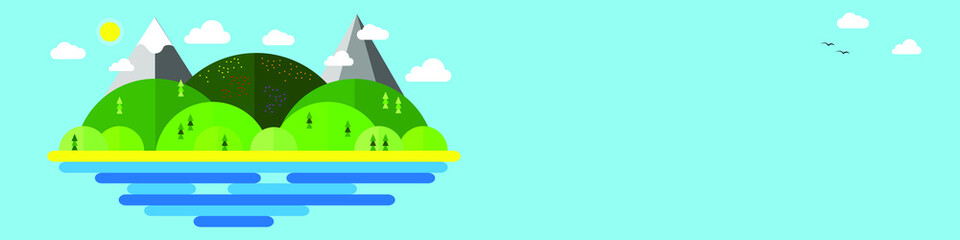 Summer vector illustration for site header, banner, flyer or postcard, modern flat design conceptual landscapes with sea, beach, hills and mountains. - 203844503