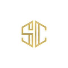 Initial letter SC, minimalist line art hexagon shape logo, gold color