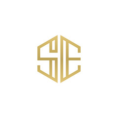 Initial letter SE, minimalist line art hexagon shape logo, gold color