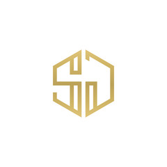 Initial letter SJ, minimalist line art hexagon shape logo, gold color