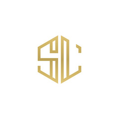 Initial letter SL, minimalist line art hexagon shape logo, gold color