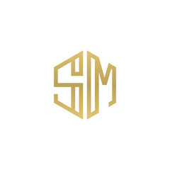 Initial letter SM, minimalist line art hexagon shape logo, gold color