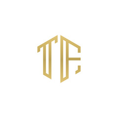 Initial letter TF, minimalist line art hexagon shape logo, gold color
