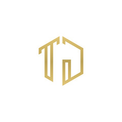 Initial letter TJ, minimalist line art hexagon shape logo, gold color