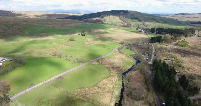 Aerial footage over the Carron Valley Reservoir in Central Scotland.
