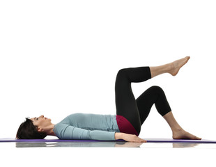 Mother woman exercising doing postnatal workout. Female fitness instructor stretching hands and...