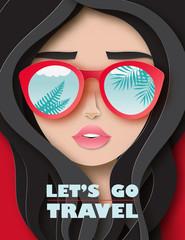 Vector portrait of young beautiful woman with  sunglasses with reflection of palm leaves. Modern digital paper layered art. Travelling and vacation concept
