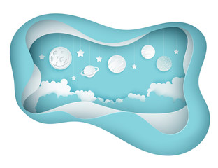 Modern paper art clouds, moon, planets, stars. Cute cartoon fluffy clouds. Pastel colors. Origami style, isolated on white