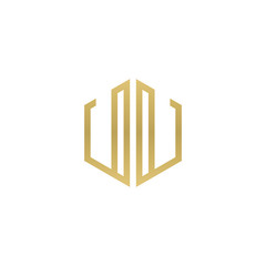 Initial letter UU mirror, minimalist line art hexagon shape logo, gold color