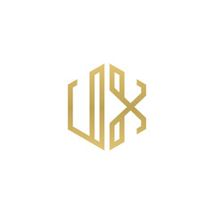 Initial letter UX, minimalist line art hexagon shape logo, gold color