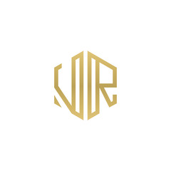 Initial letter VR, minimalist line art hexagon shape logo, gold color