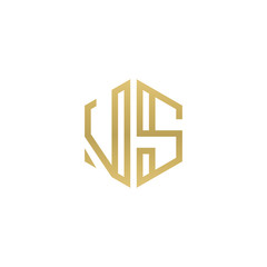 Initial letter VS, minimalist line art hexagon shape logo, gold color